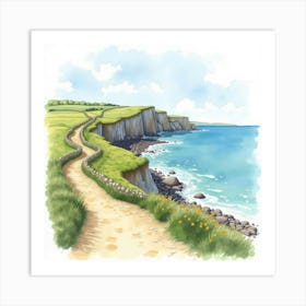 Watercolor View Of An English Seaside Cliff Walk With Scenic Ocean Views 1 Art Print