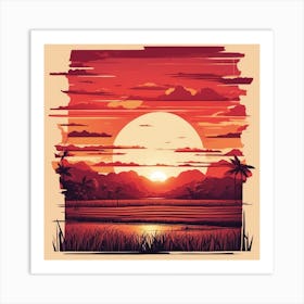 A Beautiful Sunset With A Big Red Sun Setting On The Horizon, The Sun Shines Through The Tops Of Ric Art Print