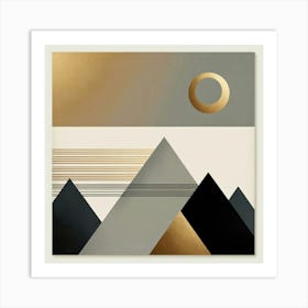 "Geometric Eclipse over Mountain Peaks"  "Geometric Eclipse over Mountain Peaks" captures the stunning moment of an eclipse over a range of stylized mountains. The artwork's contrasting textures and the luxurious gold and grey tones create an aura of elegance and modernity, making it a perfect statement piece for any contemporary art lover or interior design aficionado. Art Print