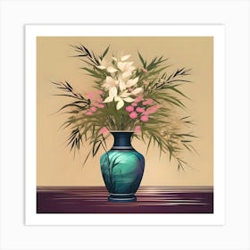 Flower Vase Decorated with Bamboo, Turquoise, Beige and Burgundy Art Print