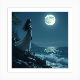 A Beautiful Siren Singing On A Rocky Shore Under A Full Moon Art Print