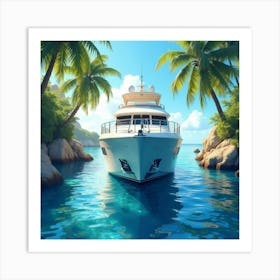 Dazzling Luxury Yacht In A Watercolor Tropical Paradise 1 Art Print