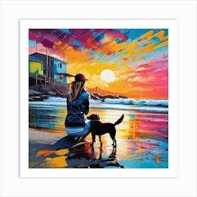 Sunset With Dog 1 Art Print