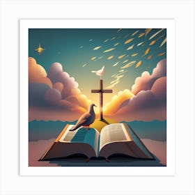 A Bible, cross with beautiful sky view Art Print