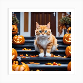 Cat In Front Of Pumpkins Art Print