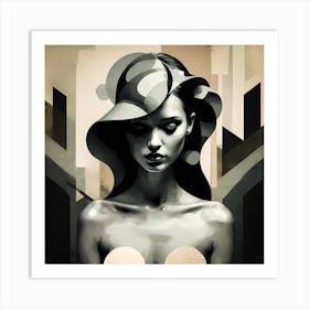 Black And White Illustration Of An Beautiful Woman In Sepia Optic Art Print
