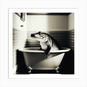Alligator In Bathtub A large man with a pet alligator in a bathtub Art Print