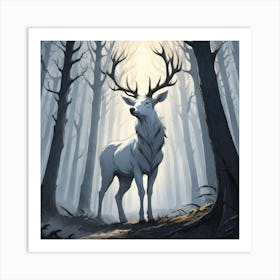 A White Stag In A Fog Forest In Minimalist Style Square Composition 7 Art Print