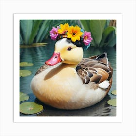 Duck In Flower Crown Art Print