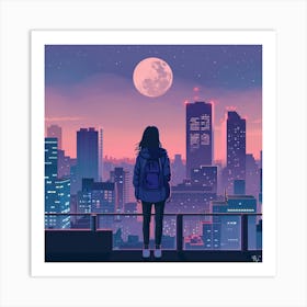 Woman and Moon Japan Illustration Lofi Illustration Art Print