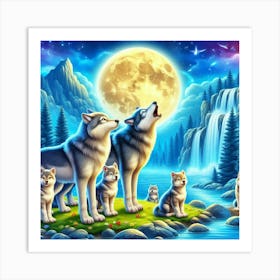 Big Moon Howling Wolf Family Art Print