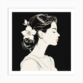 Portrait Of A Woman, A Single Elegant Line Drawing Of A Womans Profile With A Flower Art Print