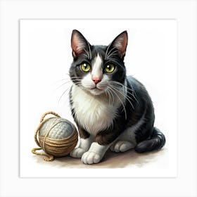 Black And White Cat With A Ball Of Yarn Art Print