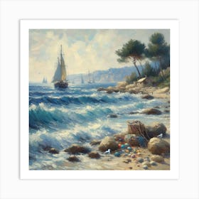 Sailboat On The Beach, Acrylic Painting Style 8 Art Print