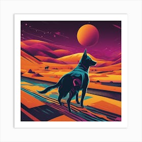 An Image Of A Dog Walking Through An Orange And Yellow Colored Landscape, In The Style Of Dark Teal (2) Art Print