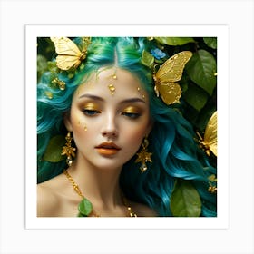 Beautiful Young Woman With Blue Hair And Gold Butterflies Art Print