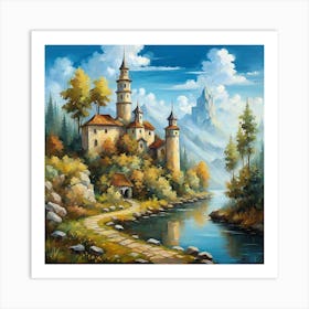 Painted landscape with a castle and a river Art Print