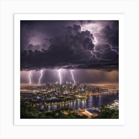 A Dramatic Thunderstorm With Lightning Illuminating A City Skyline Art Print
