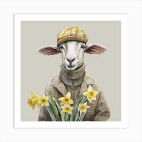 Watercolour Welsh Daffodil Sheep Ceri Art Print