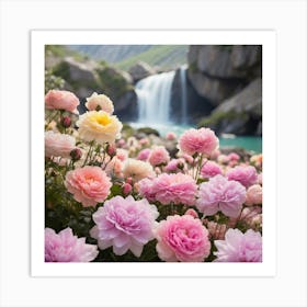 Pink Roses In Front Of Waterfall 3 Art Print