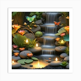 Zen Garden Waterfall Butterflys Frogs Fish Vibrant Misty Warm Inviting Glow Art Print