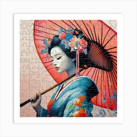 Abstract Puzzle Art Japanese girl with umbrella 1 Art Print