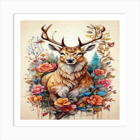 Deer With Flowers Art Print