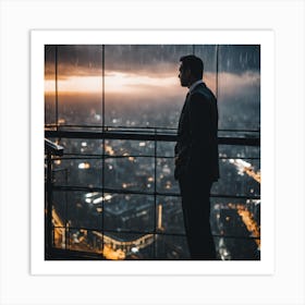 Businessman In Rain Overlooking City Art Print