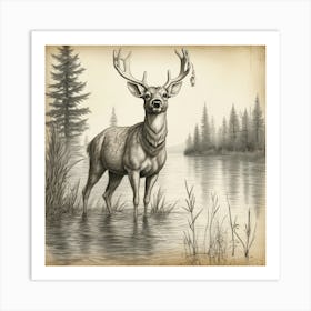 Deer In The Water 8 Art Print