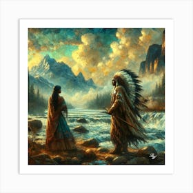 Oil Texture Native American Couple By Stream 2 Copy Art Print