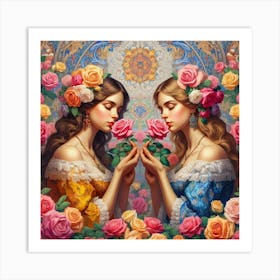 Two Girls With Roses 1 Art Print