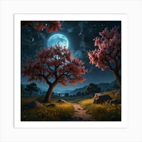 Night Landscape With Trees And Moon Art Print