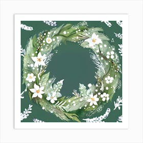 Christmas Wreath Wall Art Green Background Botanical Style #2 Art Print