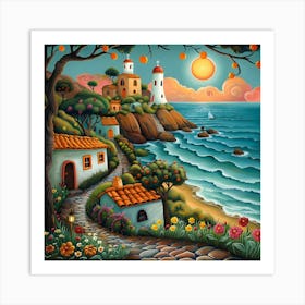 Sunset By The Sea, Naive, Whimsical, Folk Art Print