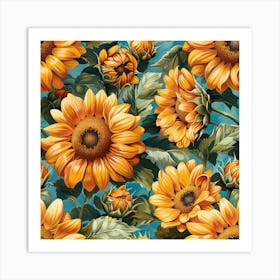 Sunflowers On A Blue Background 1 Art Print