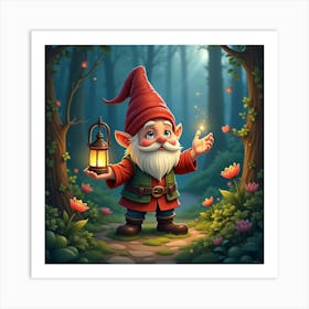 A Charming Gnome With A Magical Lantern In An Enchanted Garden 1 Art Print