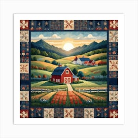 A Stylized Illustration Of A Patchwork Quilt Depicting A Serene Farm Scene With Red Barns, A Farmhouse, Rolling Hills, A Sunrise, And A Field Of Flowers Art Print