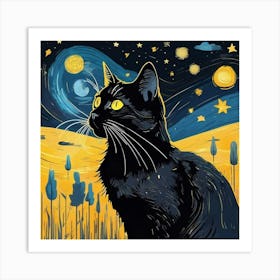 Black Cat Starry Night Art Print