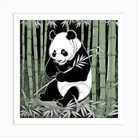 Panda Bear In Bamboo Forest Linocut Art Print