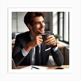 Happy Businessman With A Cup Of Coffee Art Print