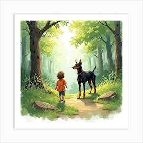 Watercolor Of A Doberman And Child Exploring A Lush Forest 1 Art Print