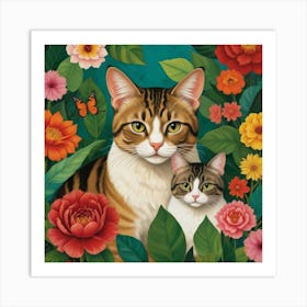 Frida Kahlo Two Cats Mexican Painting Botanical Floral Art Print 1 Art Print