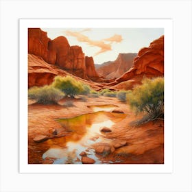 Watercolor Aa Serene Landscape In Red Desert Bathed In Shades Of Terracotta Olive Green Art Print