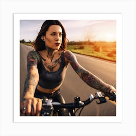 Tattooed Woman Riding A Bike Art Print