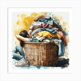 Laundry Basket Watercolor Painting Art Print