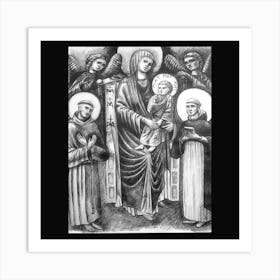 Holy Virgin enthroned with baby Jesus, angels and saints Francis and Dominic: Graphic design by Cimabue Art Print