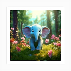 Firefly 3d, Animated, Cute, Little, Round, Turquoise, Elephant, Baby, Forest, Pink Flowers, Whimsica Art Print