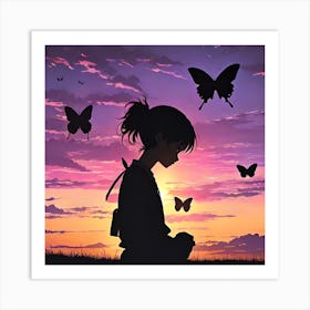 Silhouette Of A Girl With Butterflies 2 Art Print