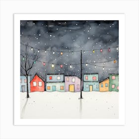 Watercolor Christmas Town Lights Art Print