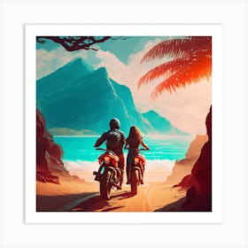 Couple On Motorcycles On The Beach Art Print